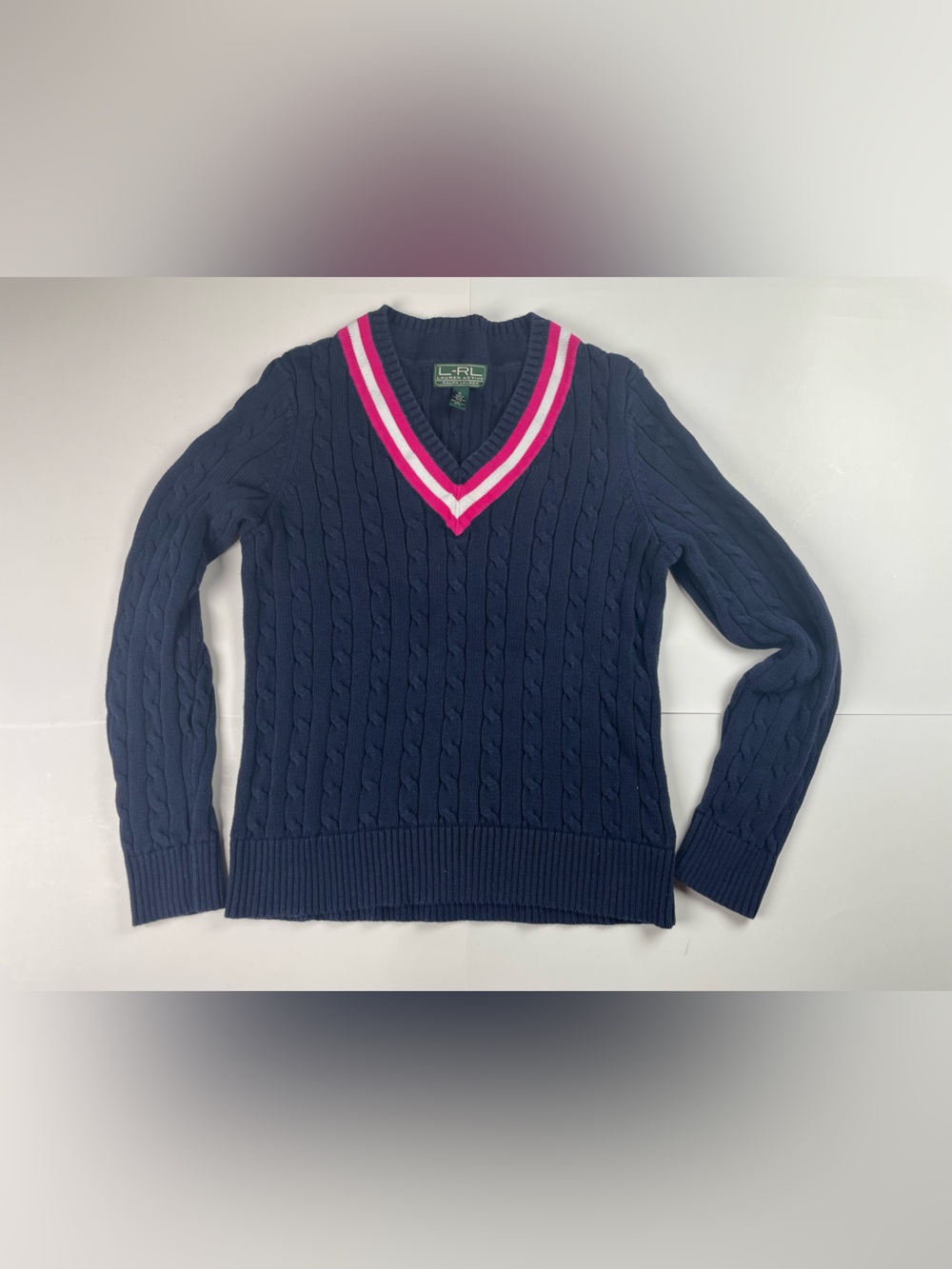 Lauren Active Ralph Lauren Navy Cable Knit V-neck Cricket Sweater with Pink Trim